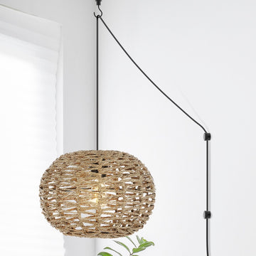Isla 14" Farmhouse Coastal Rattan 180" Cord Plug-In or Hardwired LED Pendant - JONATHAN Y
